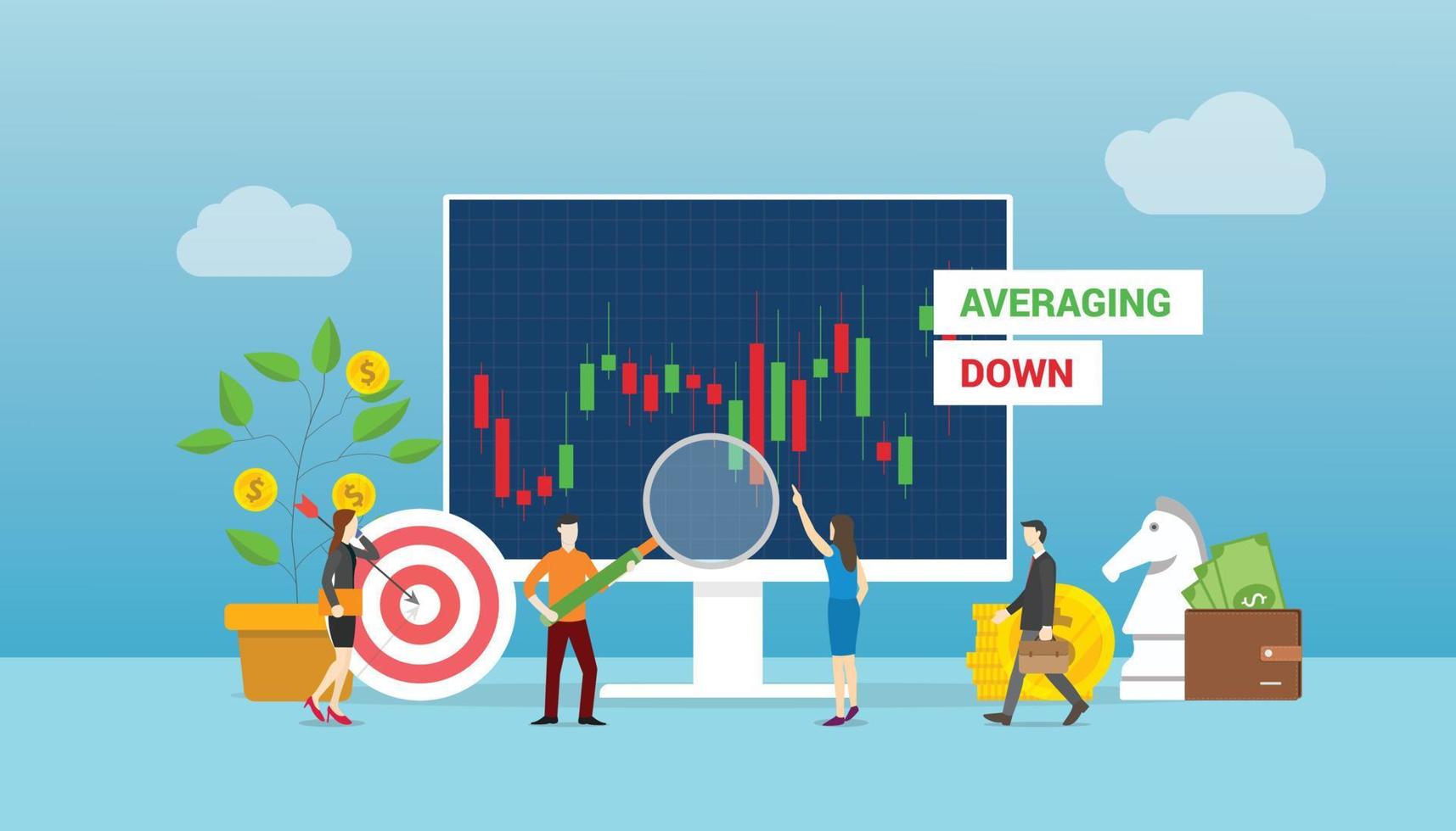 promediando el concepto de existencias con personas del equipo que trabajan en el gráfico y el gráfico del mercado de valores con un estilo plano moderno vector