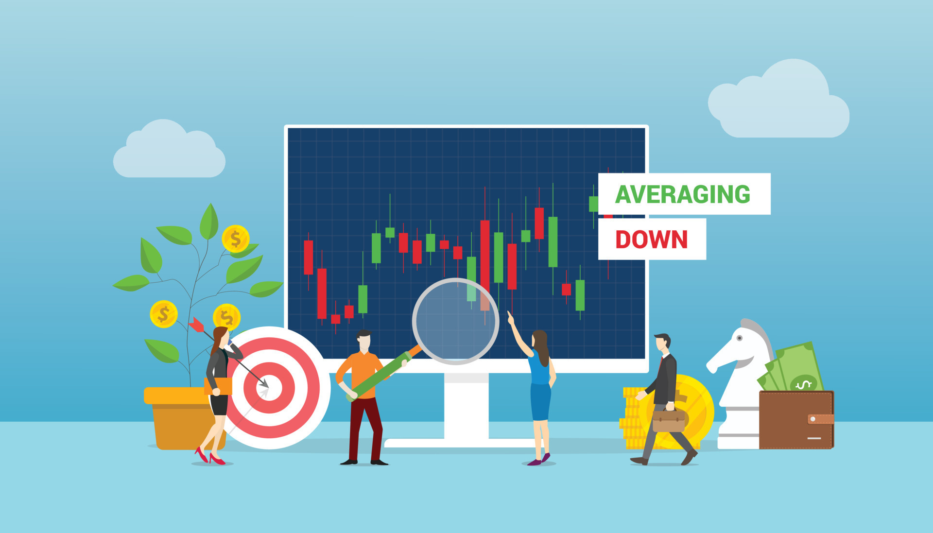 averaging down stock concept with team people working on stocks market