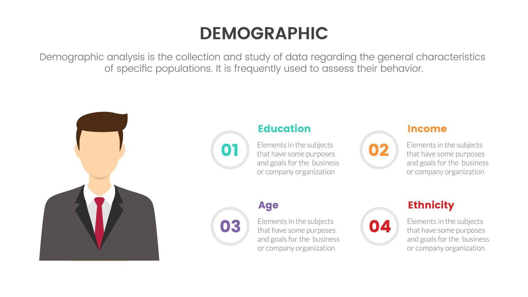 concepto infográfico de demografía masculina para presentación de diapositivas con lista de 4 puntos y descripción de la información vector