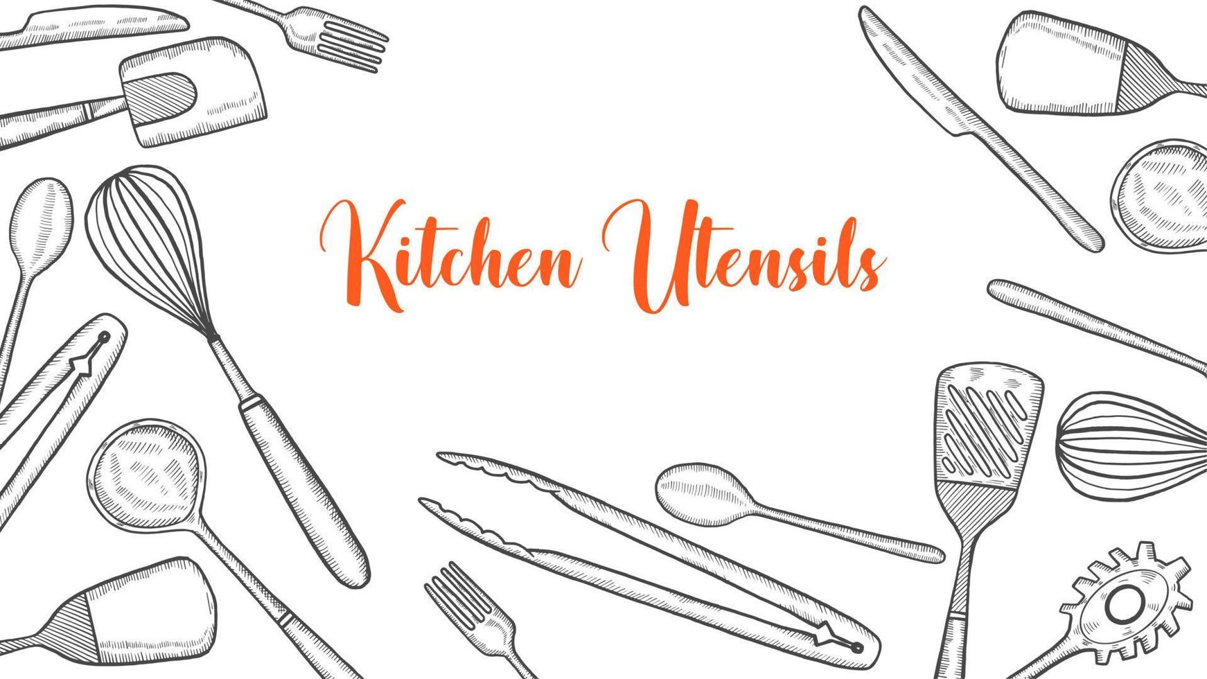 colección de utensilios de cocina con boceto dibujado a mano para póster de plantilla de banner de fondo vector