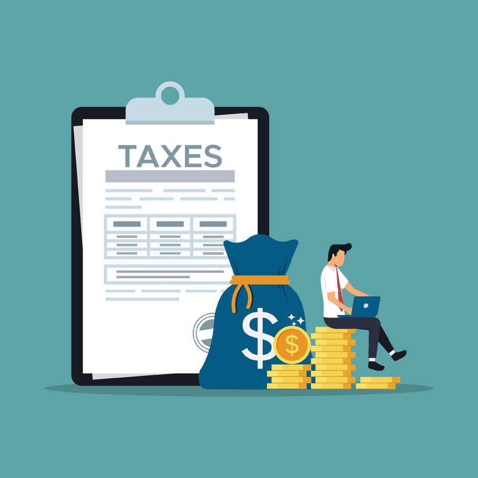concepto de informe de impuestos, empresario llenando documentos de formulario de impuestos en línea, ilustración de vector de día de impuestos