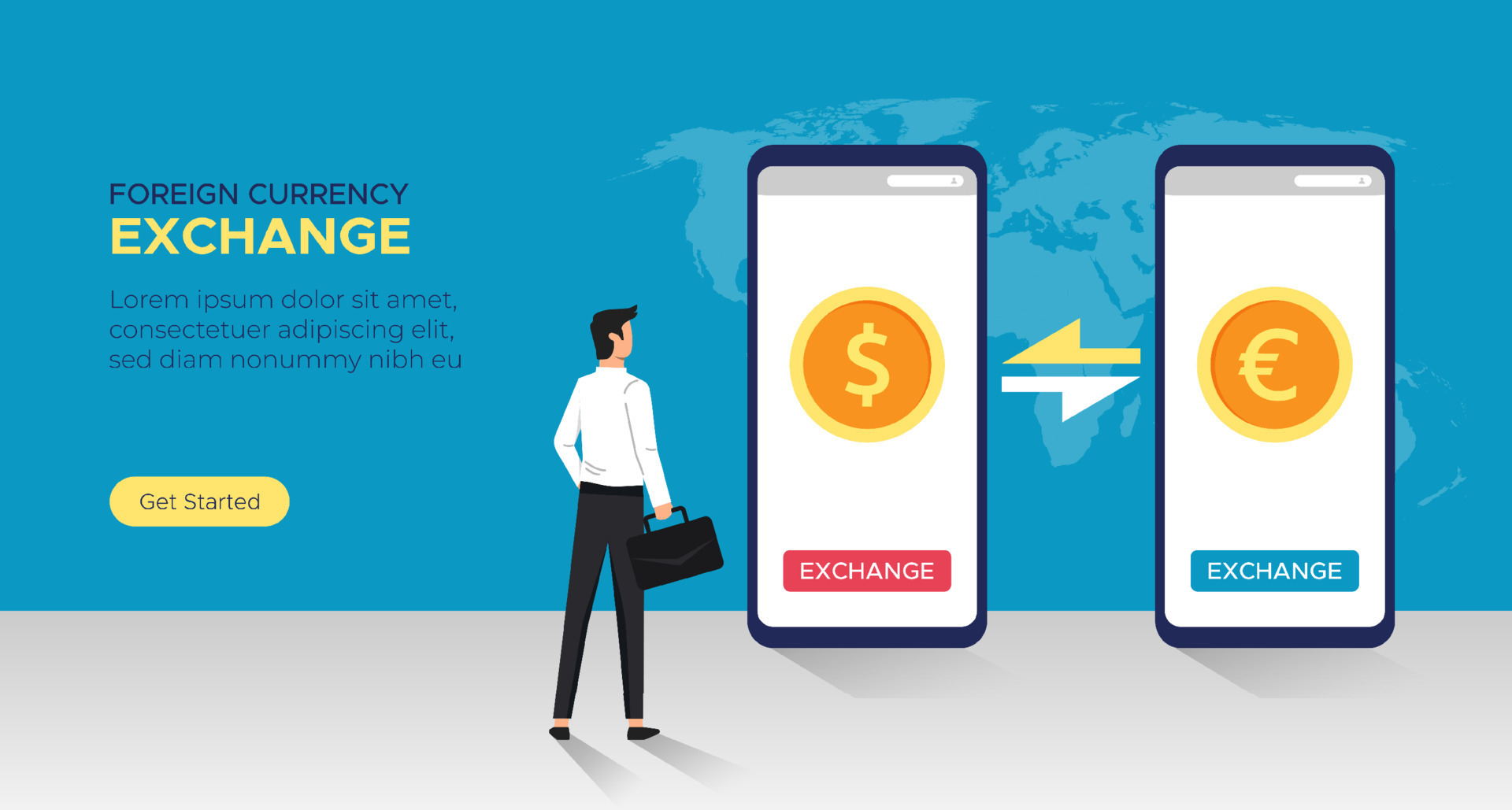 Foreign currency exchange service concept. Money exchange system online on smartphone app vector