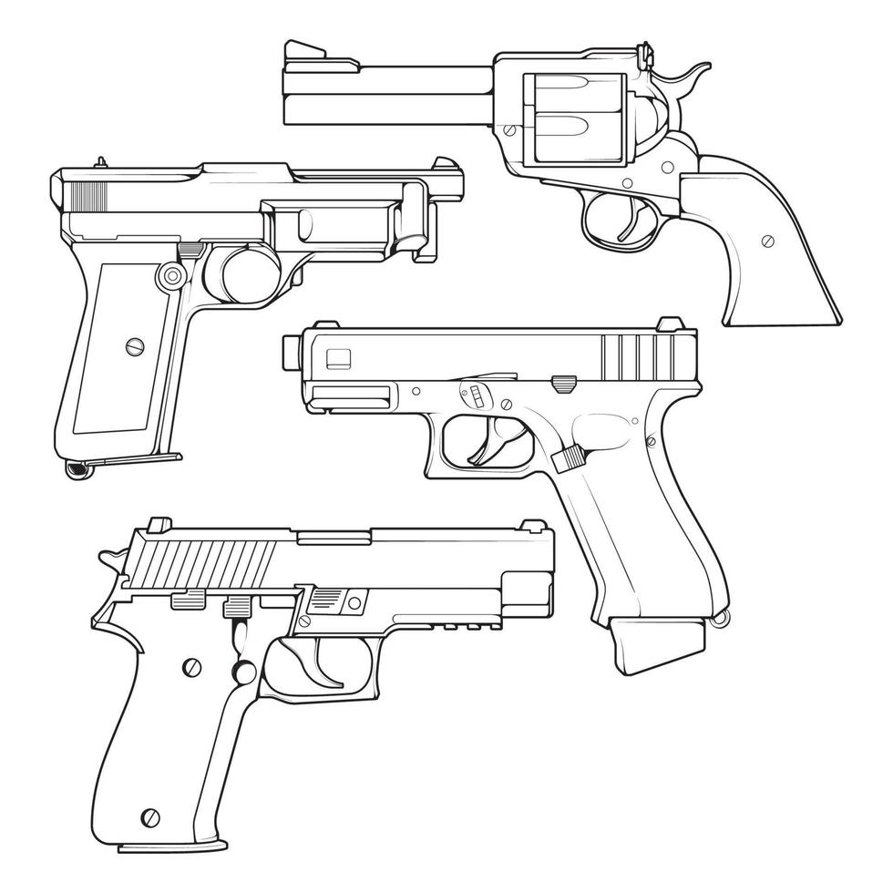 Set of firearms line art style, Shooting gun, Weapon illustration, Vector Line, Gun illustration, Modern Gun, Military concept, Pistol line art for training