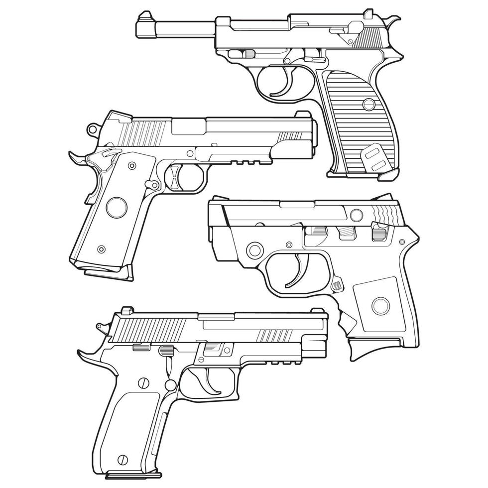 Set of firearms line art style, Shooting gun, Weapon illustration, Vector Line, Gun illustration, Modern Gun, Military concept, Pistol line art for training