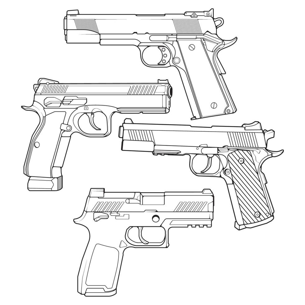 conjunto de estilo de arte de línea de armas de fuego, arma de tiro, ilustración de arma, línea vectorial, ilustración de arma, arma moderna, concepto militar, arte de línea de pistola para entrenamiento vector