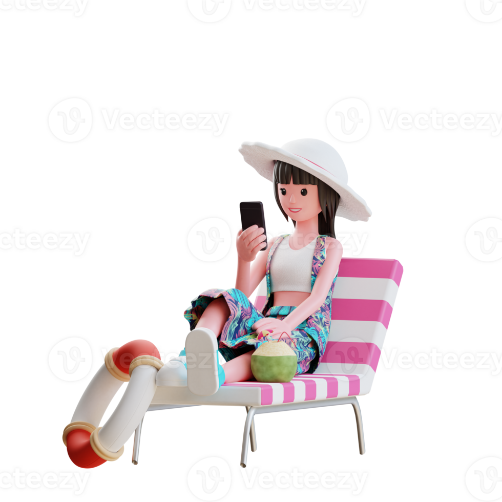 3d summer character female enjoy vacation resting on beach chair holding smart phone png