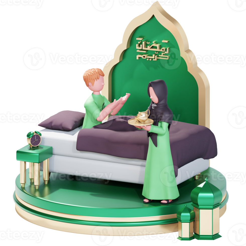 Ramadan kareem banner template with 3d muslim couple character png