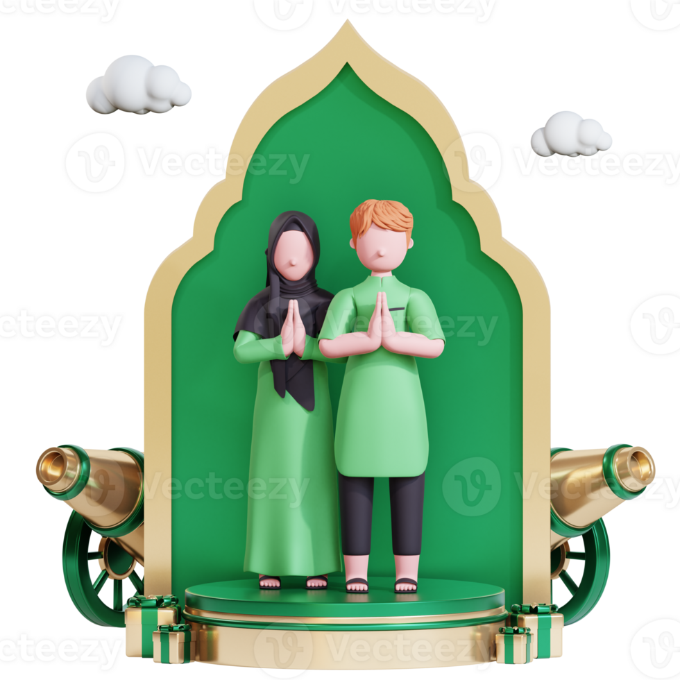 Eid mubarak banner template with 3d muslim couple character png