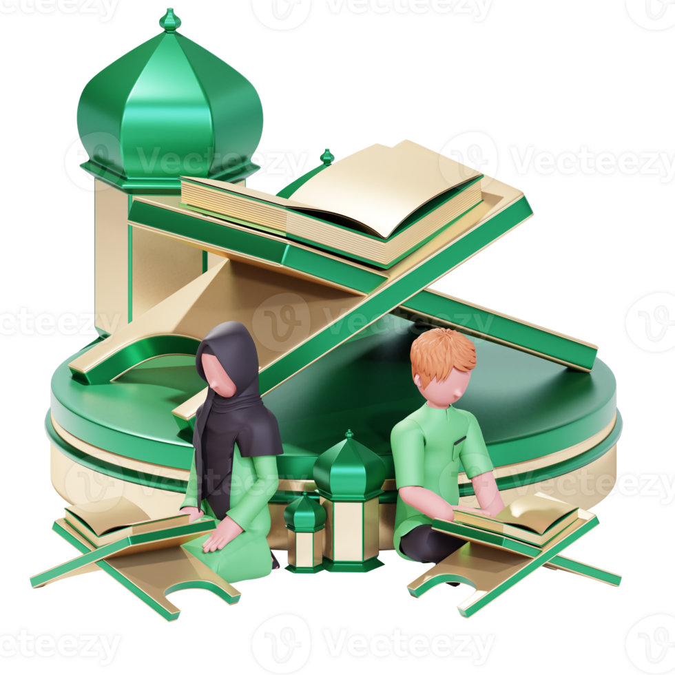 plantilla de banner de ramadan kareem con personaje de pareja musulmana 3d leyendo corán png