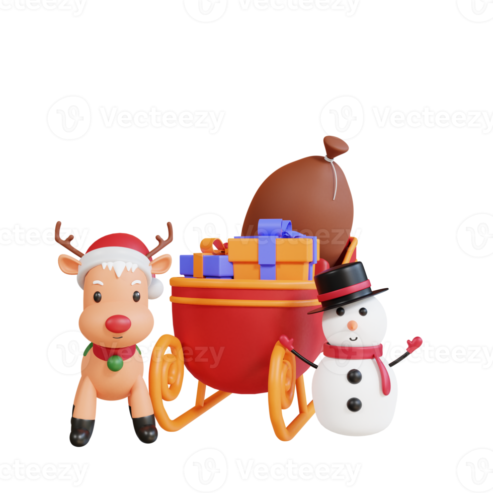 3d christmas gift box on sledge with reindeer and snowman png