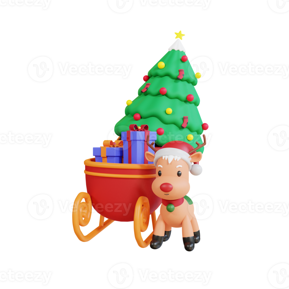 3d christmas tree on sledge with reindeers png