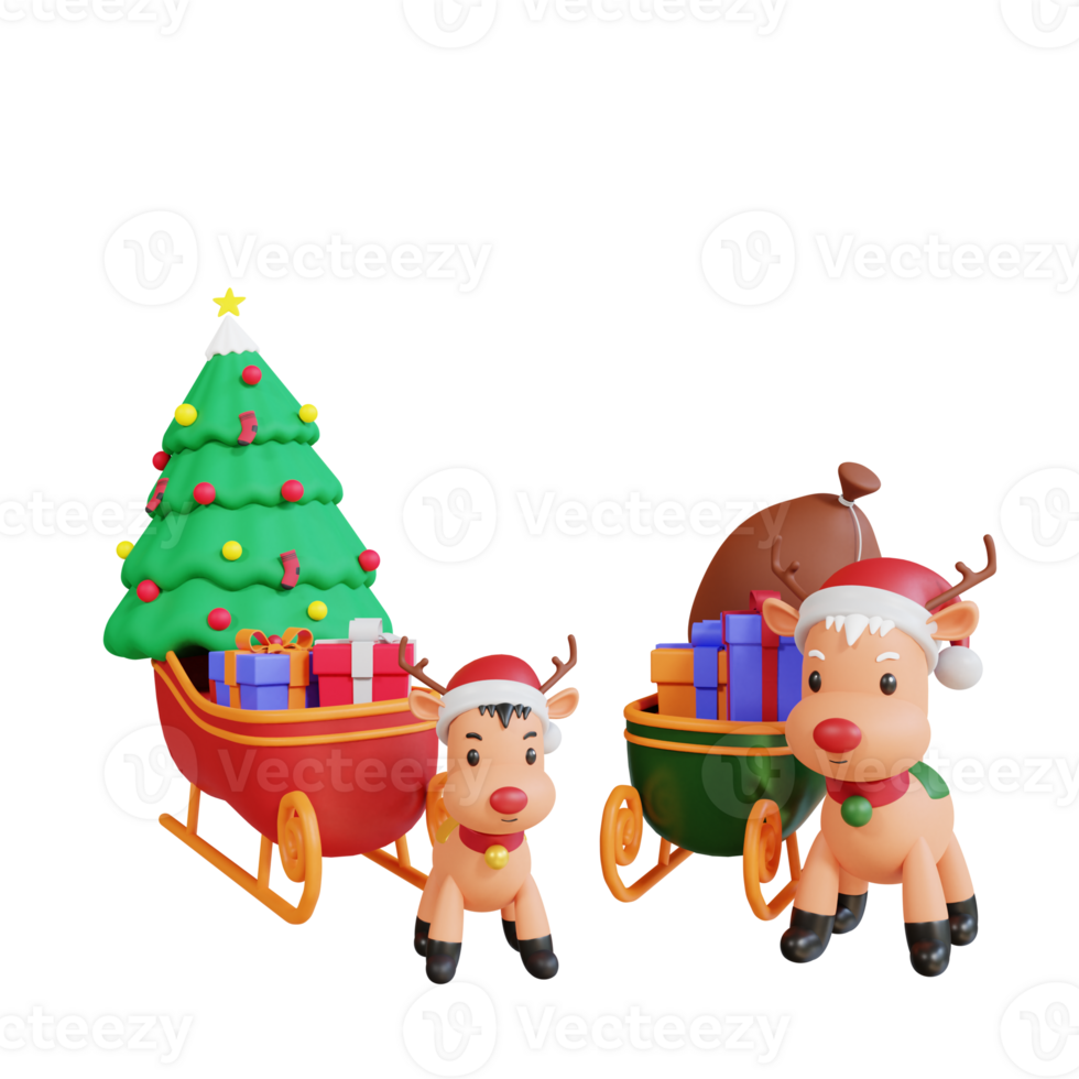 3d christmas tree on sledge with reindeers png