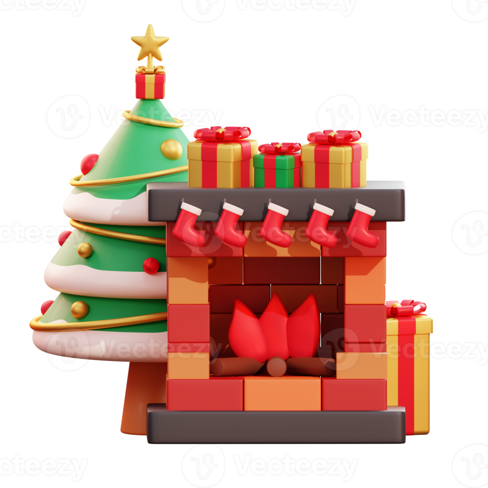3D-Weihnachtsbaum und Kamin png