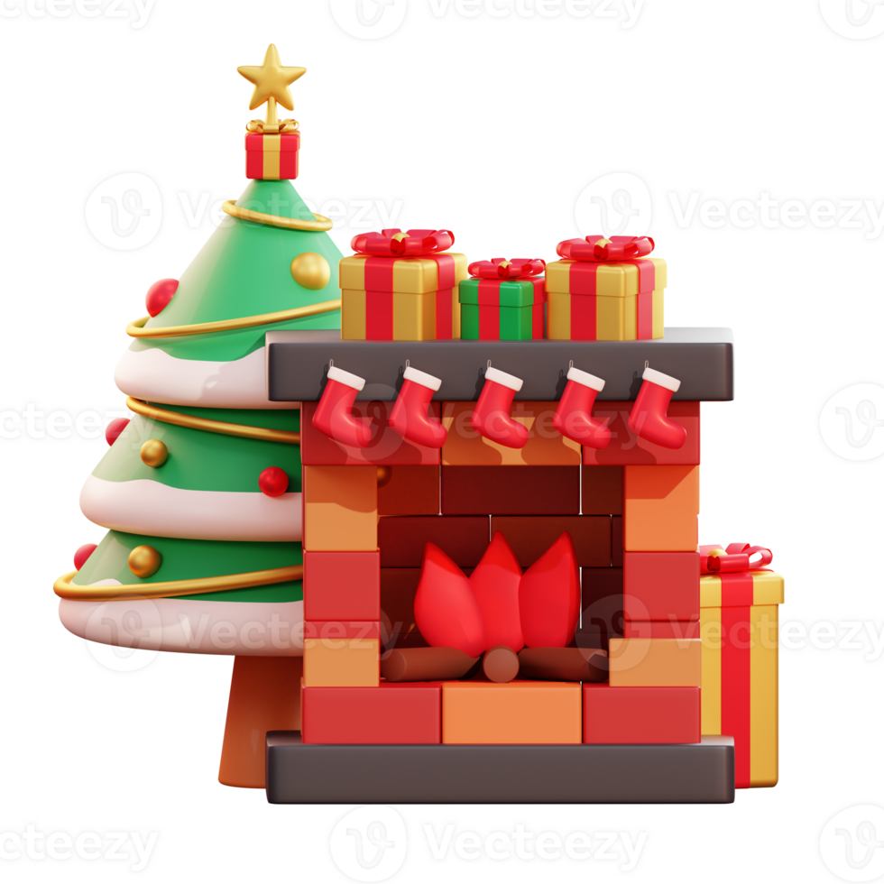 árbol de navidad 3d y chimenea png