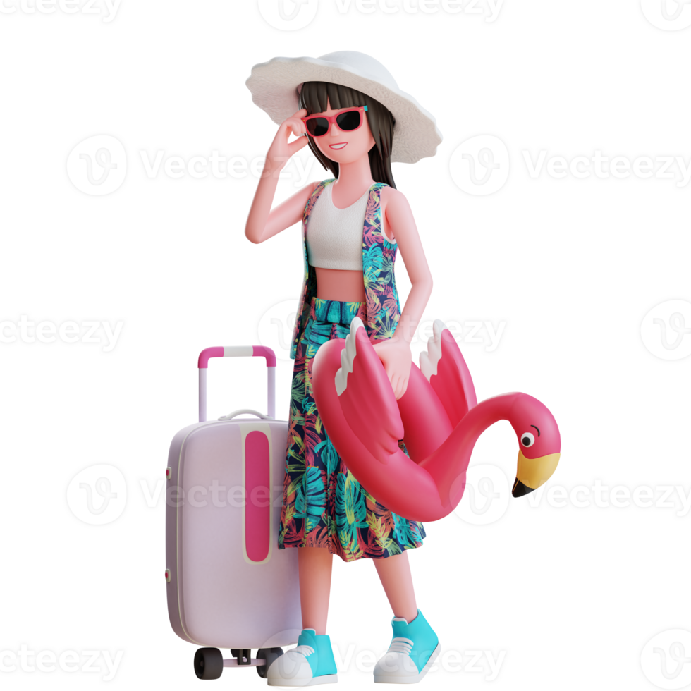 3d summer character female going travel wearing sunglasses with suitcase and flamingo buoy png