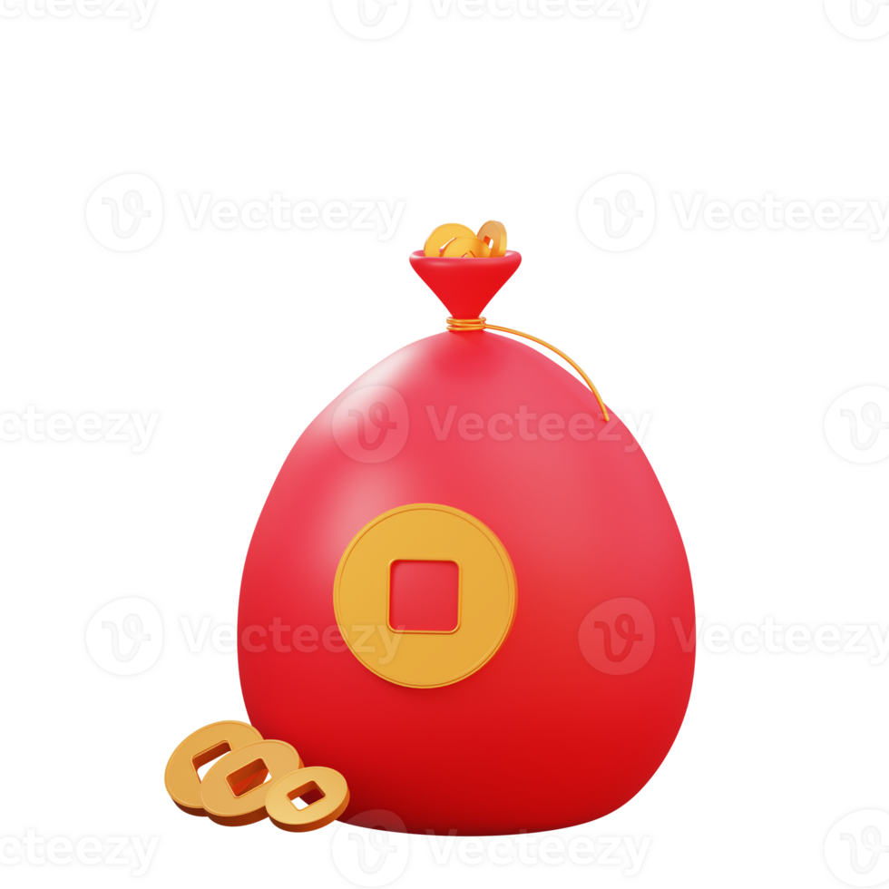3d chinese new year object red bag and coin png