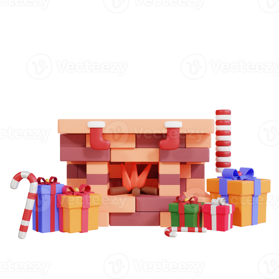 3d icon christmas gift box and fireplace png