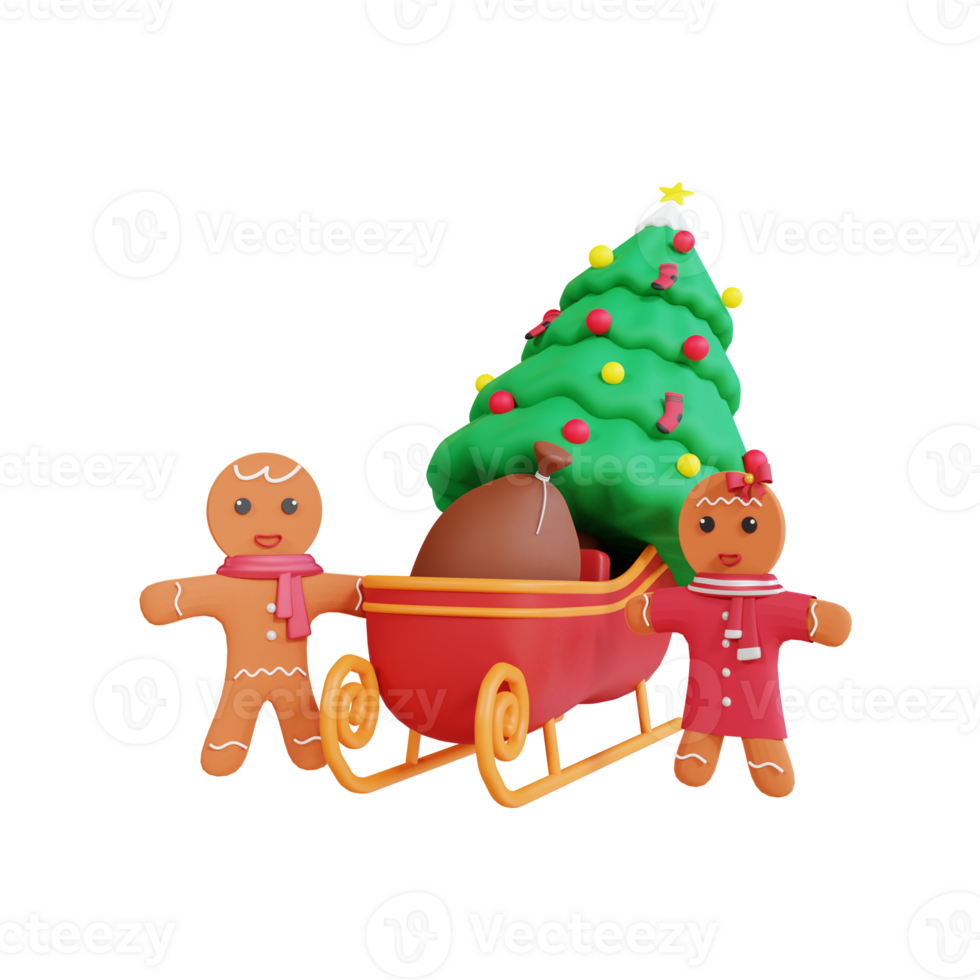 3d christmas tree on sledge with gingerbread png