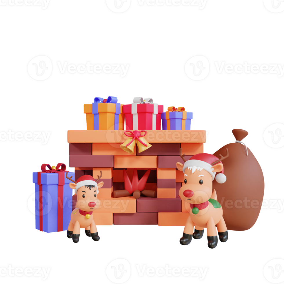 Fiesta de navidad 3d con chimenea, render y caja de regalo. png