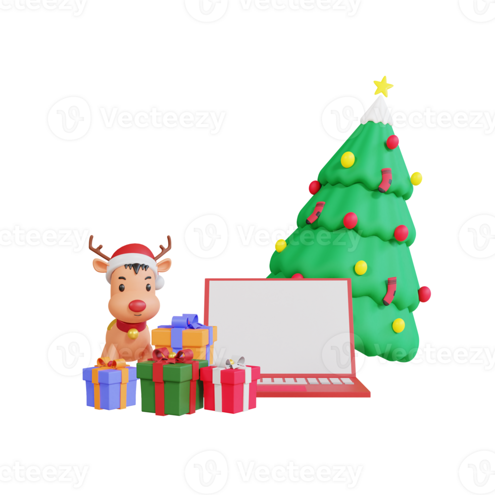 3d christmas tree, gift box , rendeer and laptop png