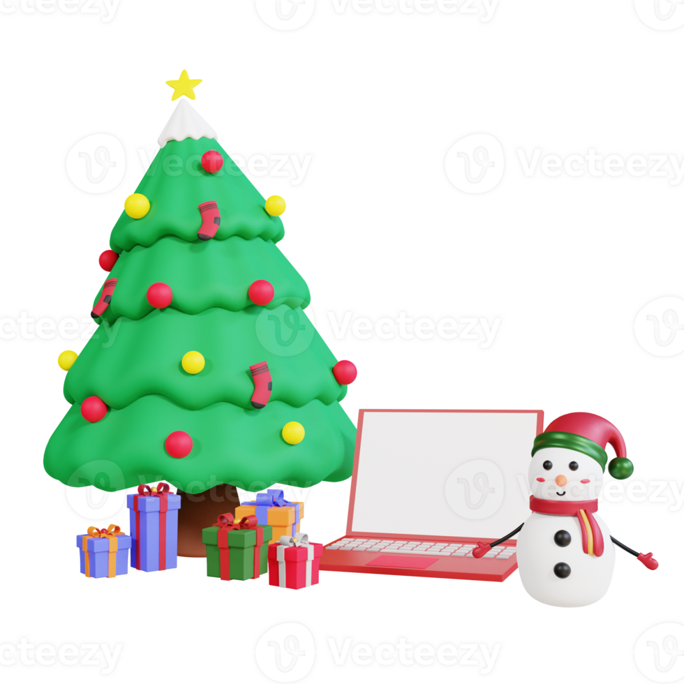 3D-kerstboom, geschenkdoos, sneeuwpop en laptop png