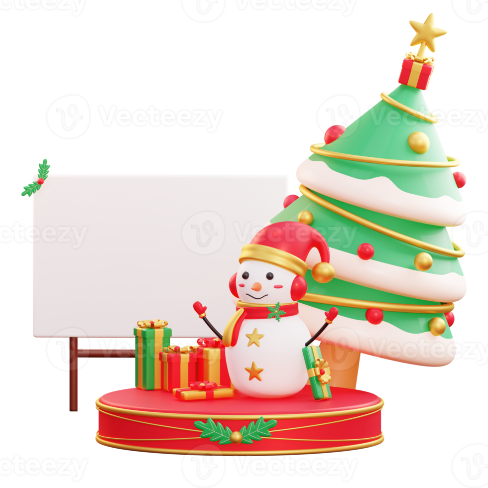 Merry christmas and happy new year with 3d snowman and christmas ornaments png