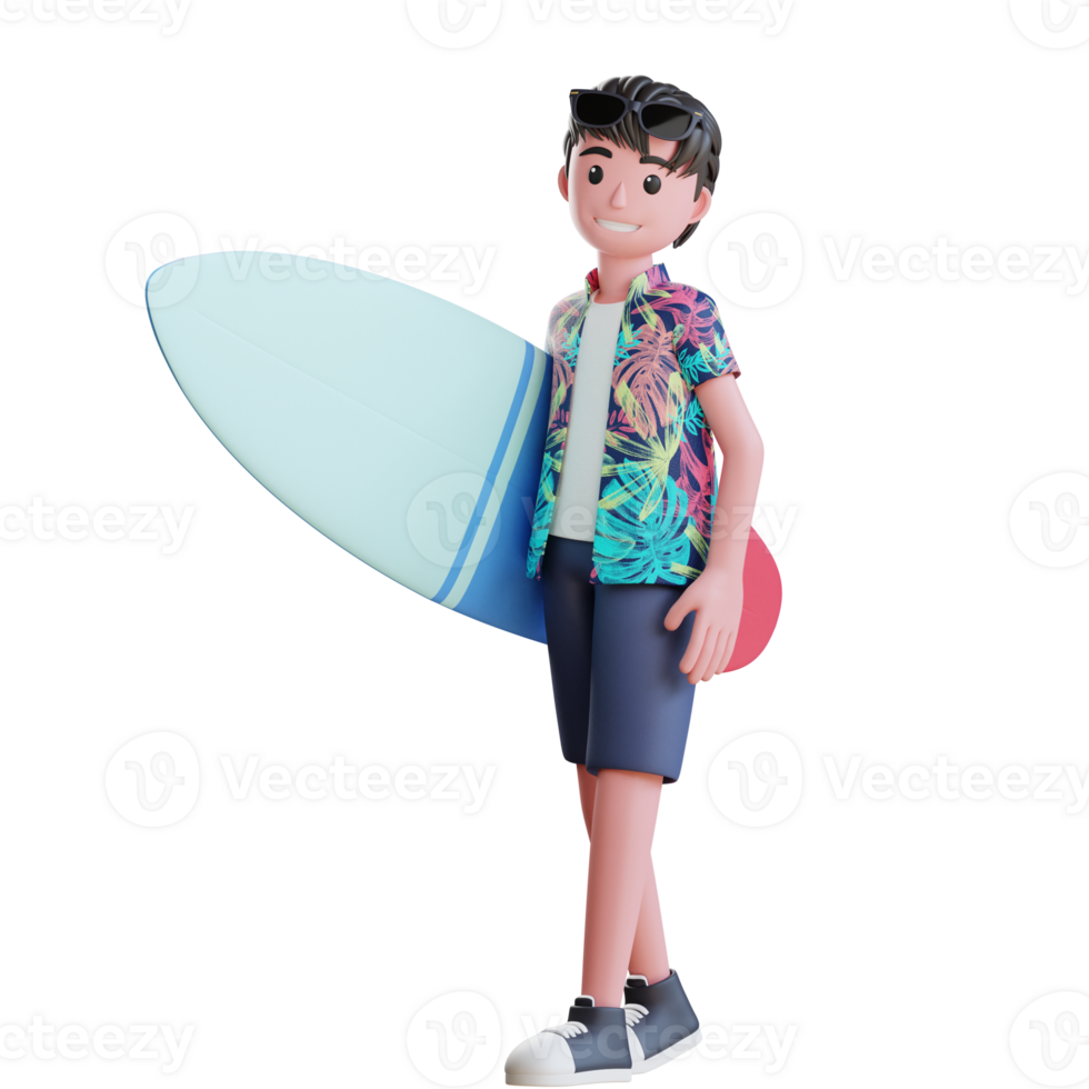 3d personagem de verão masculino em pé com uma prancha de surf png