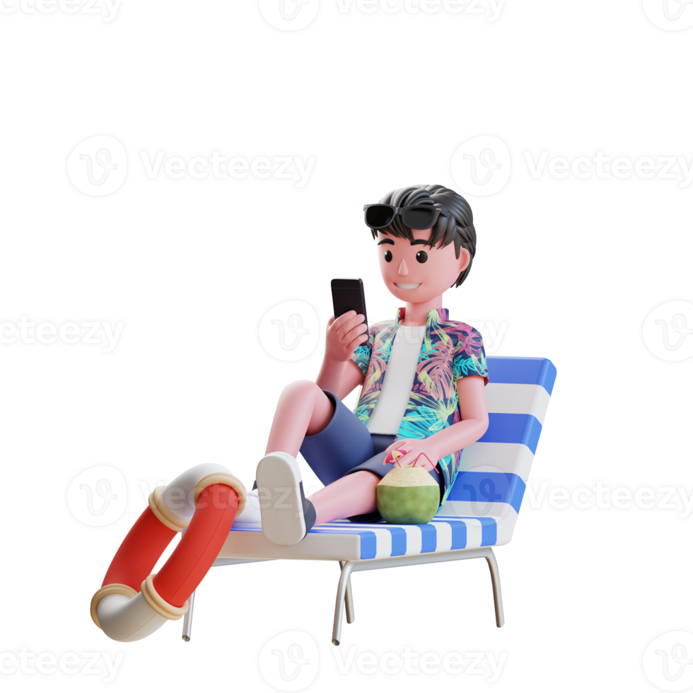 3d summer character male enjoy vacation resting on beach chair holding smart phone png
