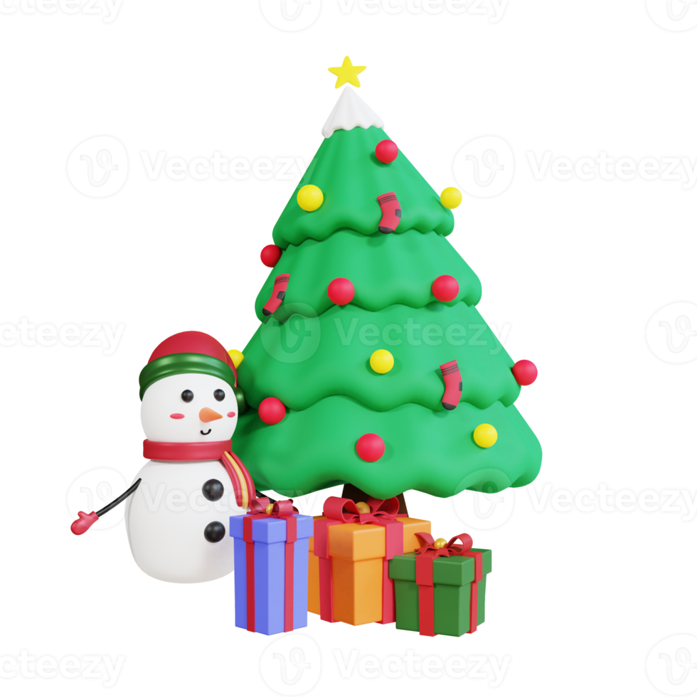 3d christmas tree, gift box and snowman with transparent background png