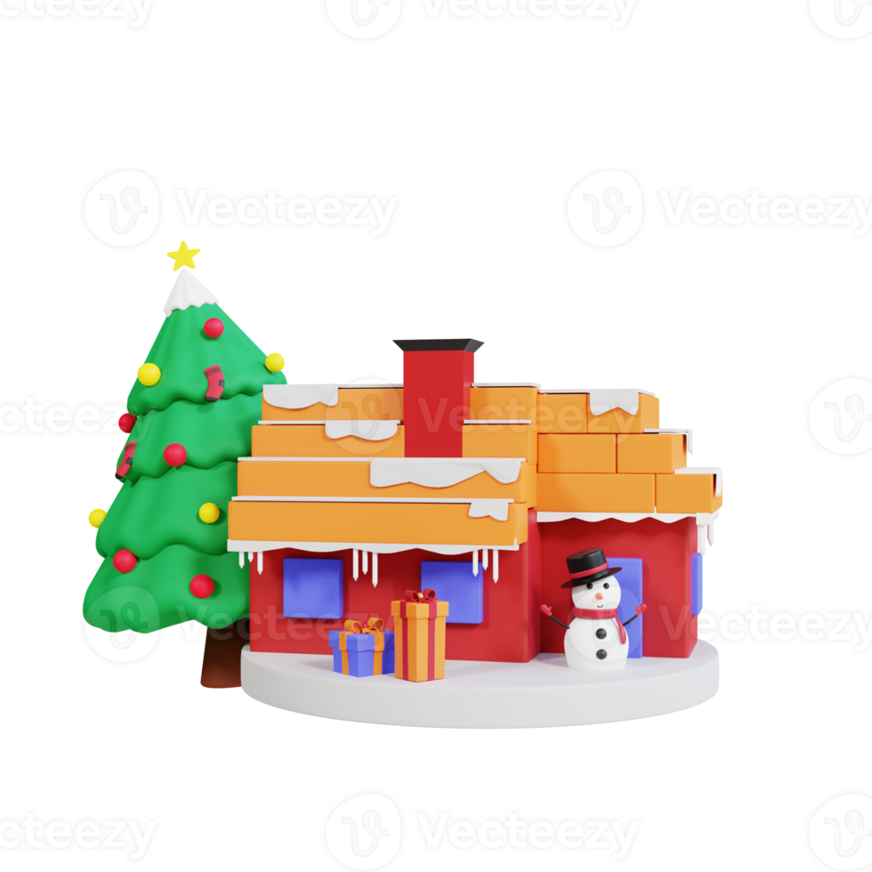 3d christmas tree, gift box and black hat snowman in christmas house png