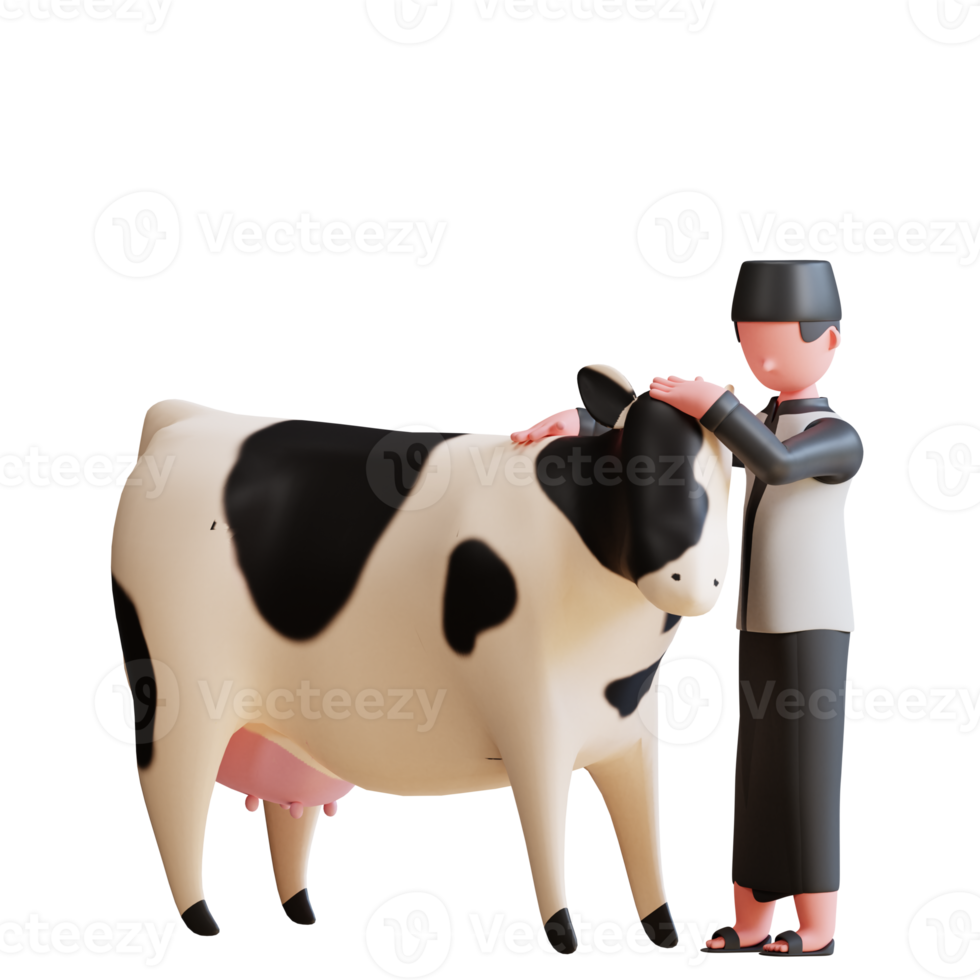 3d character muslim male with lovely cow to celebrate eid al adha mubarak png