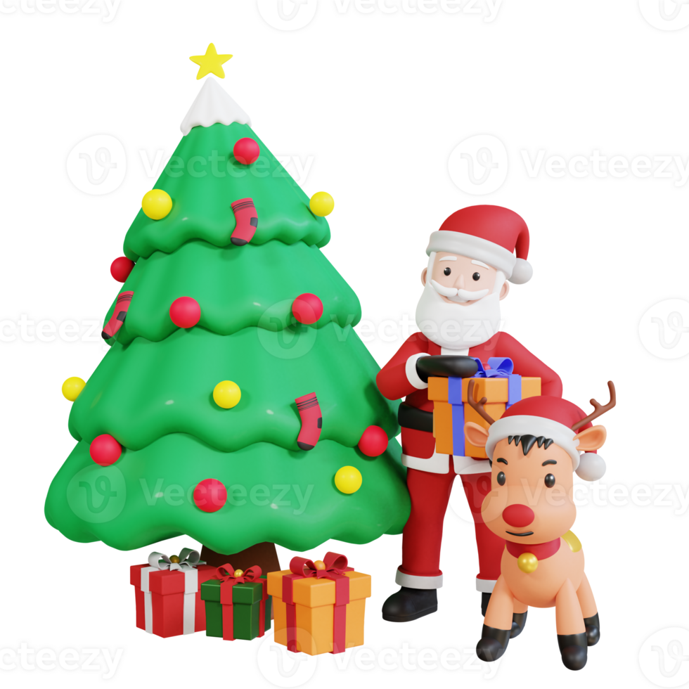 Santa claus mascot 3d character holding christmas gift box with reindeer png