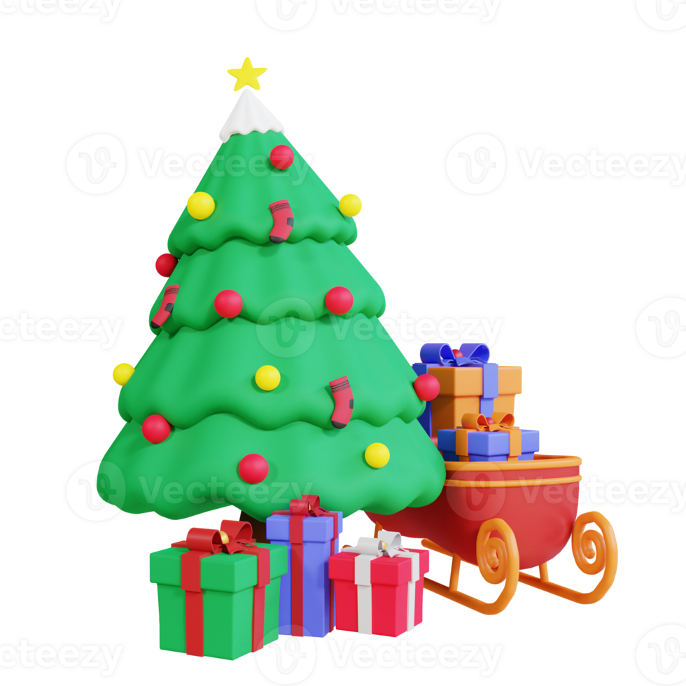 3d icon christmas tree, gift box and sledge png