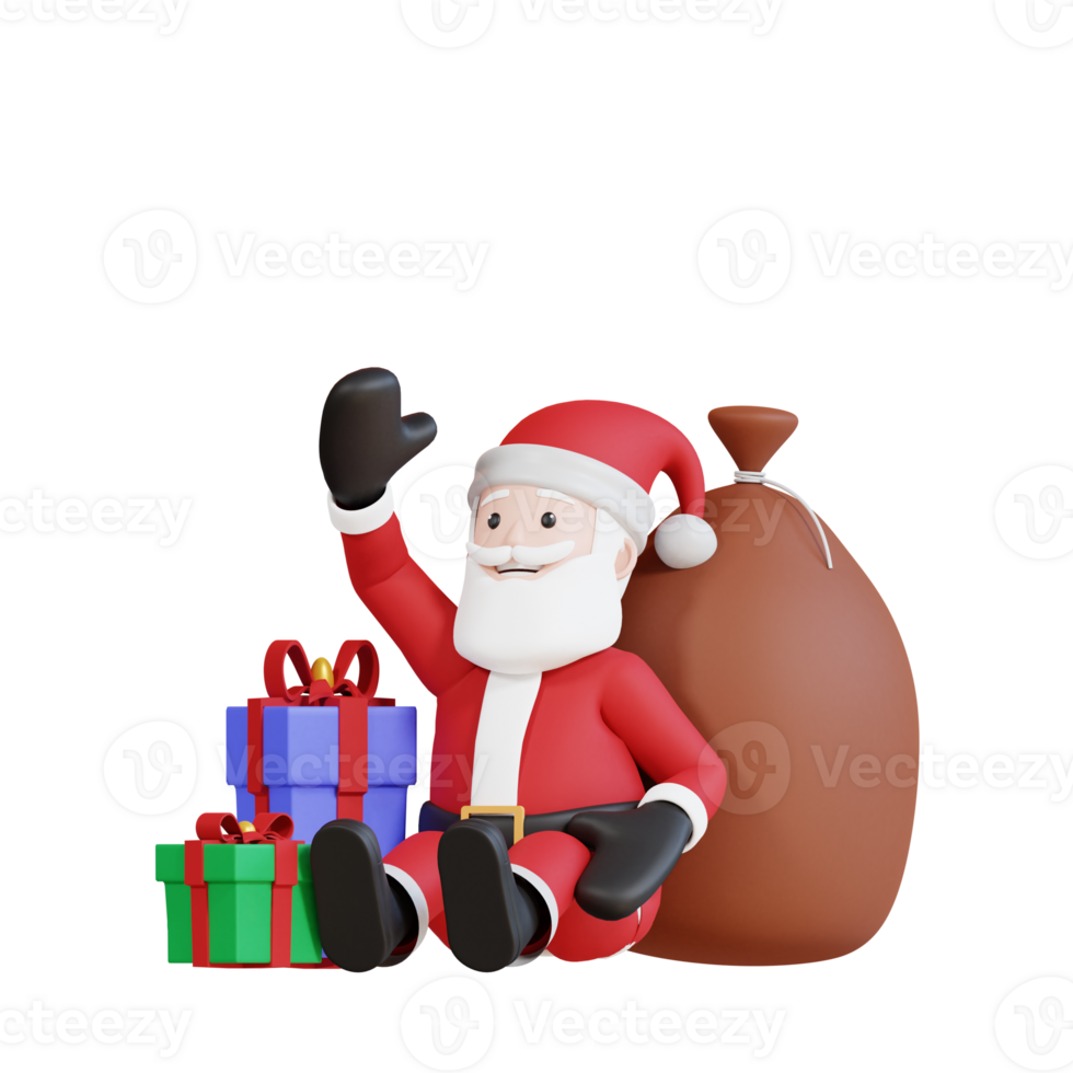 personaje 3d de la mascota de santa claus sentado con caja de regalo de navidad png