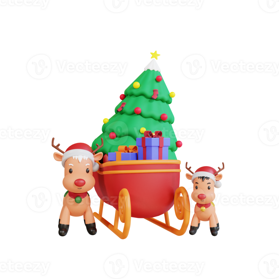 3d christmas tree on sledge with reindeers png