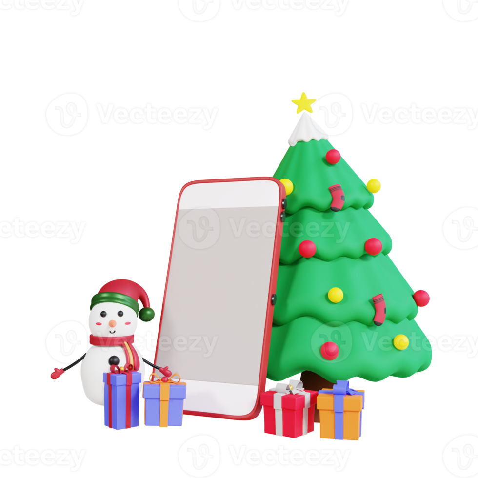 Caja de regalo de navidad 3d con snwoman y teléfono inteligente png