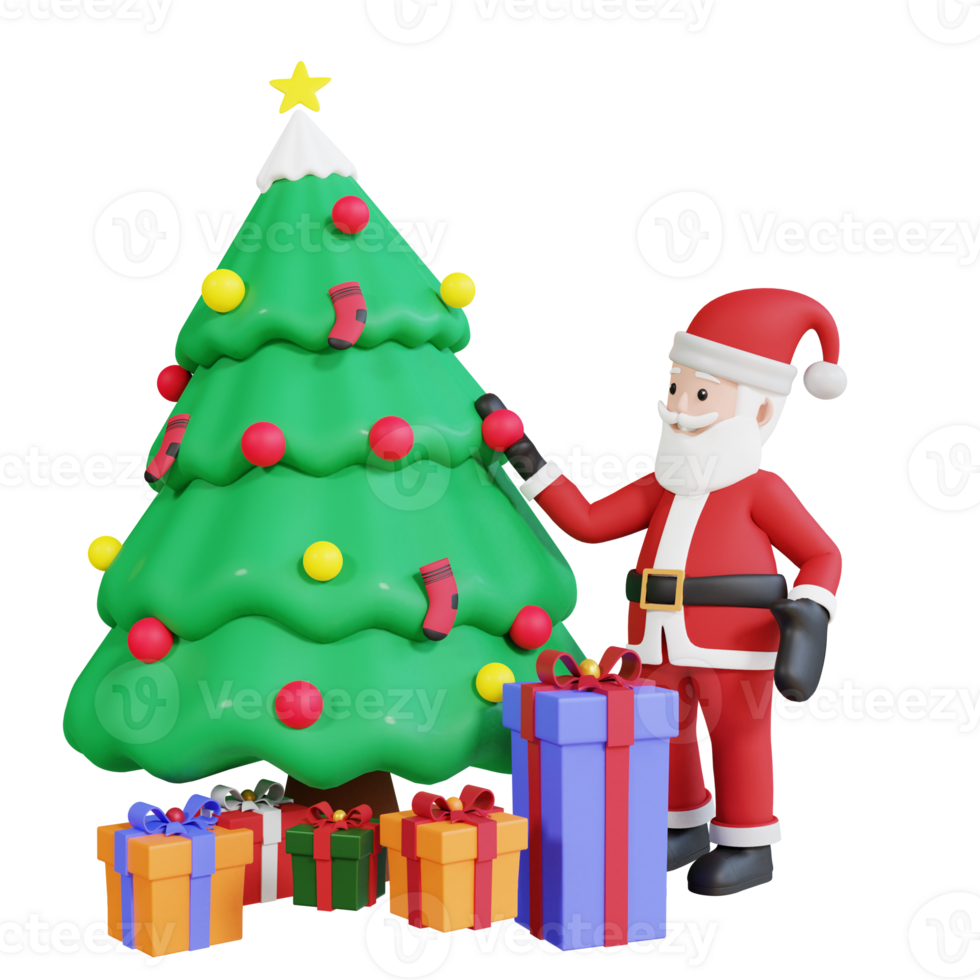 personaje 3d de la mascota de santa claus con árbol de navidad y caja de regalo png