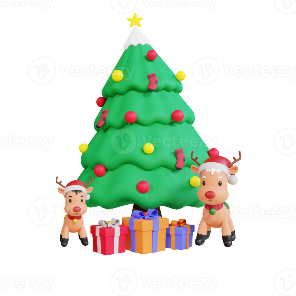 3d icona albero di natale, confezione regalo e renne png