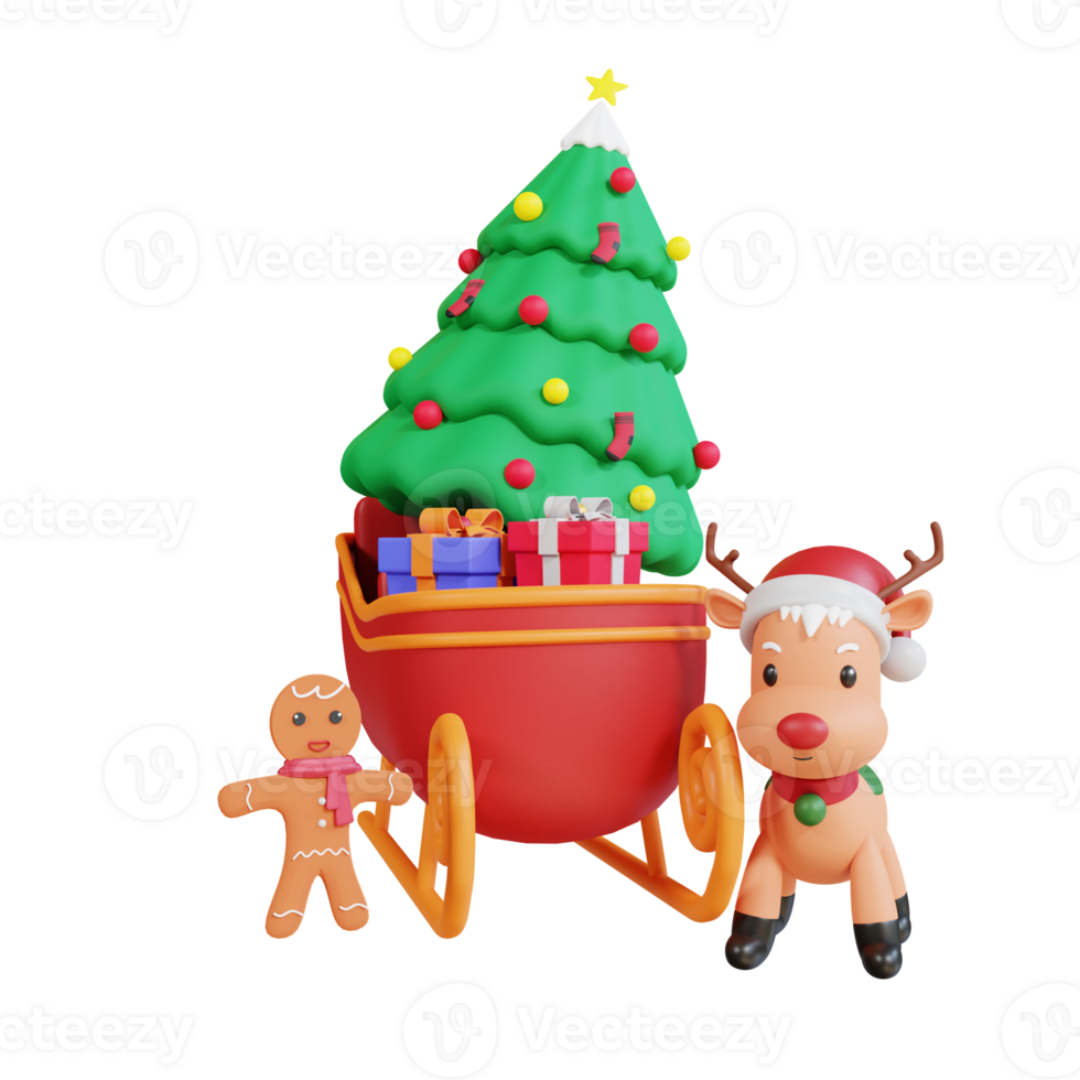 árvore de natal 3d no trenó com renas png