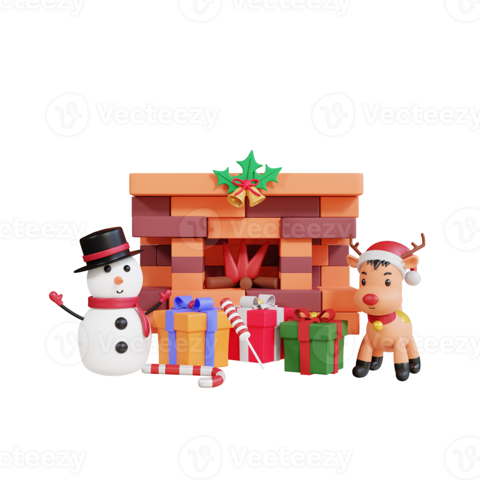 3d christmas party with fireplace, snowman, reindeer and gift box png