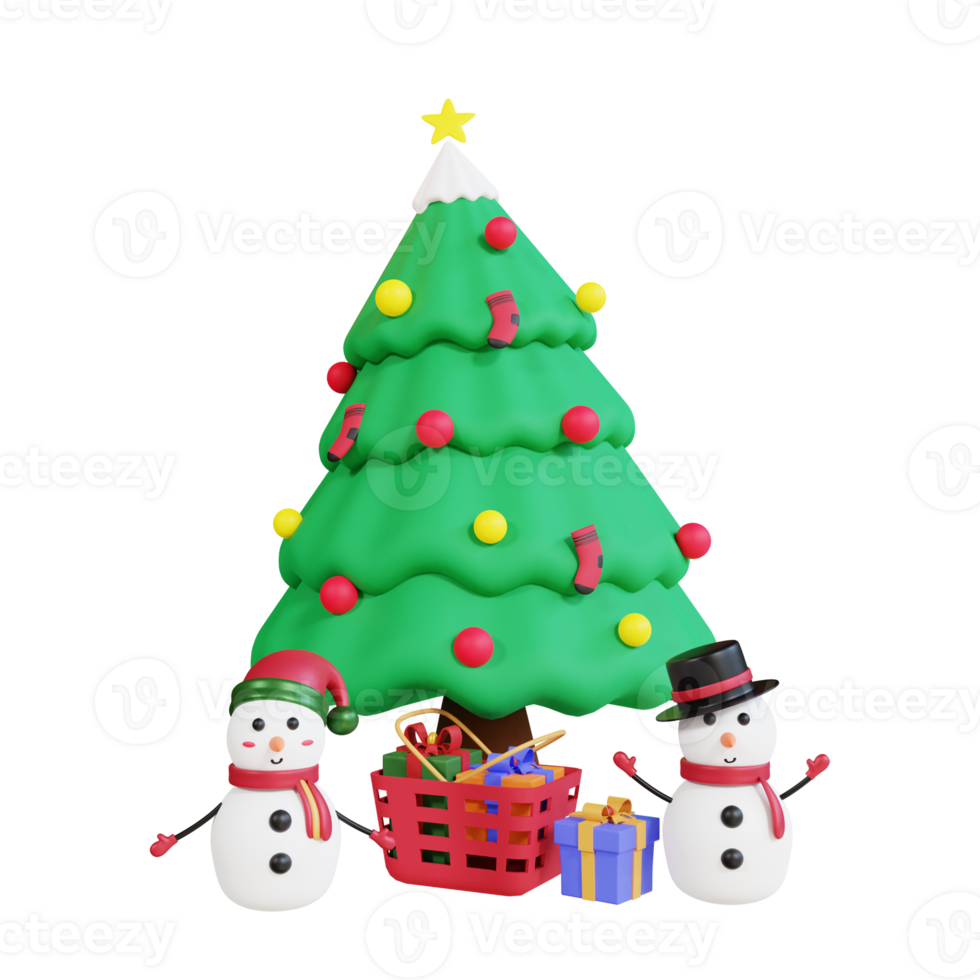 3d christmas tree, gift box and snowman with transparent background png