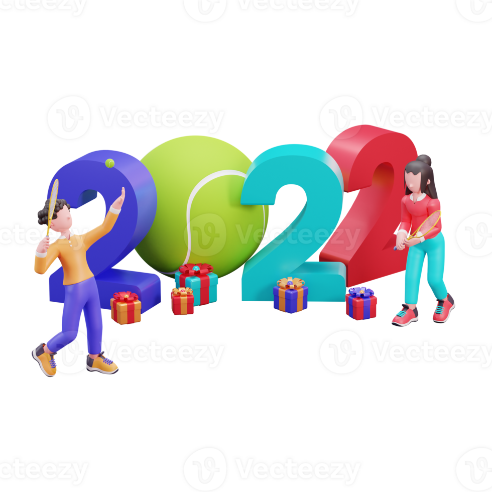 Happy new year 2022 banner template with 3d illustration creative tennis design concept png