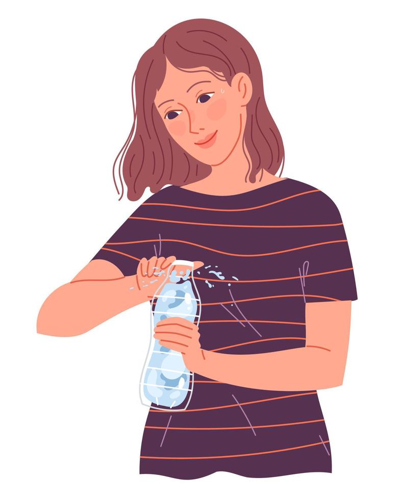 chica abre una botella de agua para beber en el calor. vector