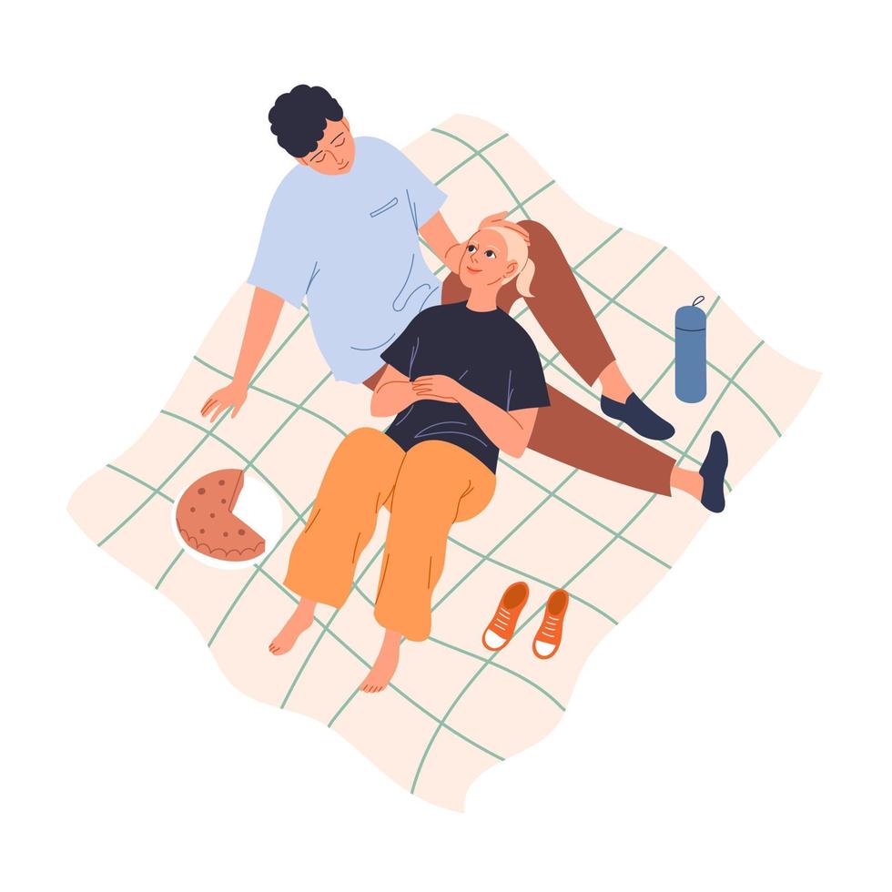 Couple in love on a picnic lying on a blanket. vector