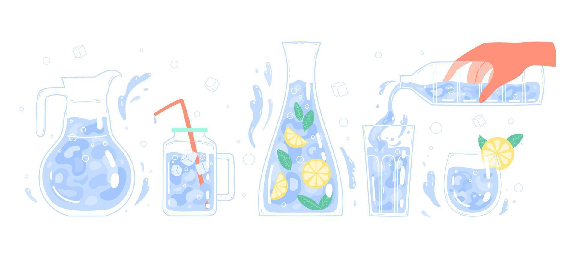 Clean drinking water in different glass containers vector