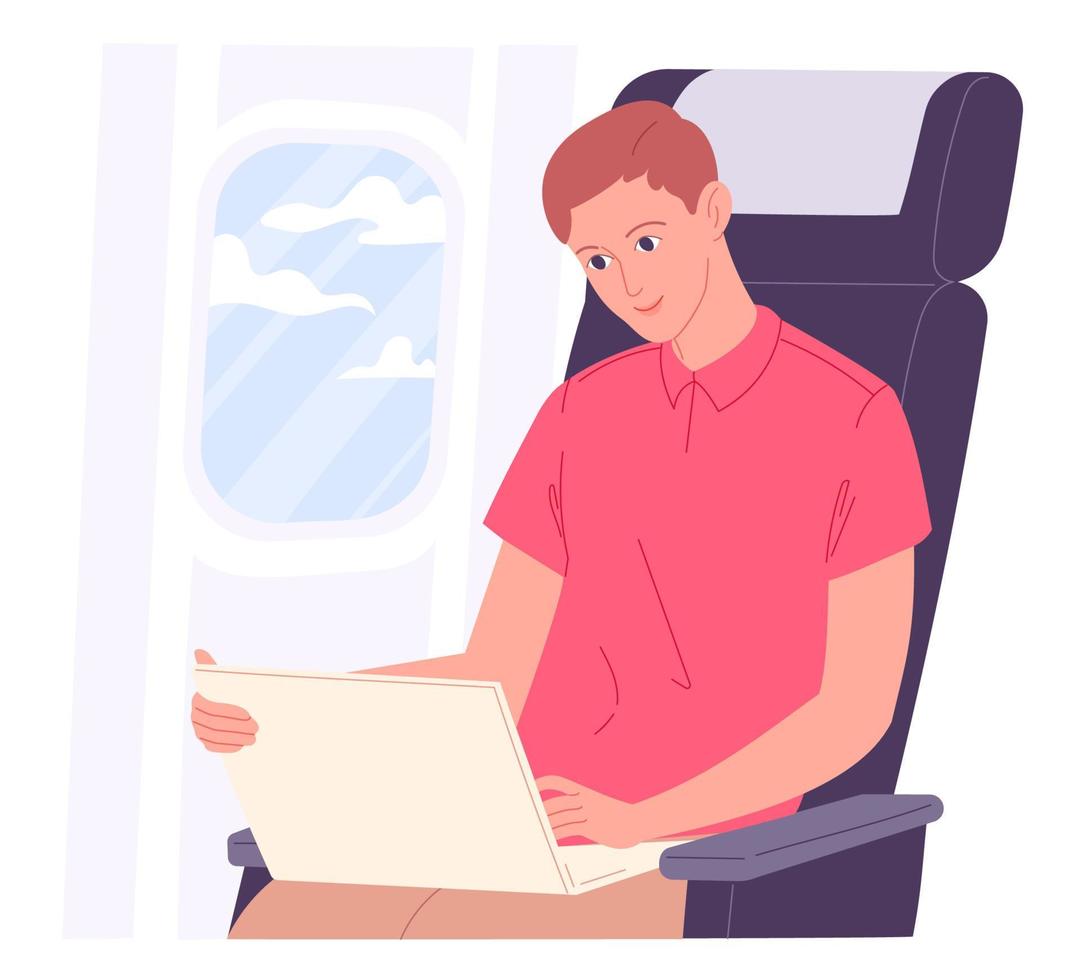 Man with laptop on aircraft during flight. vector