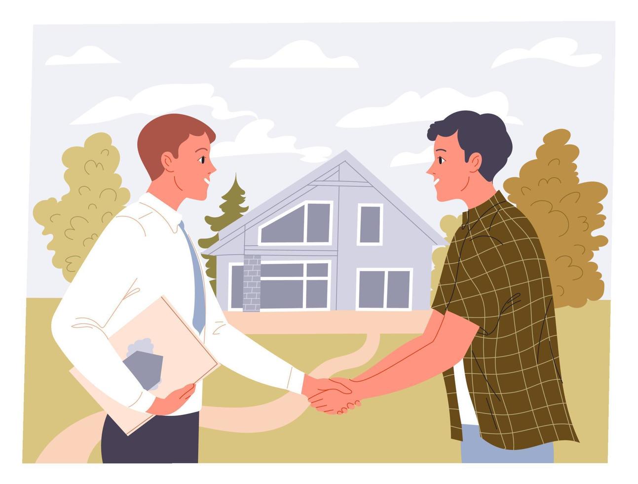 Agent and man shake hands on a real estate transaction. vector