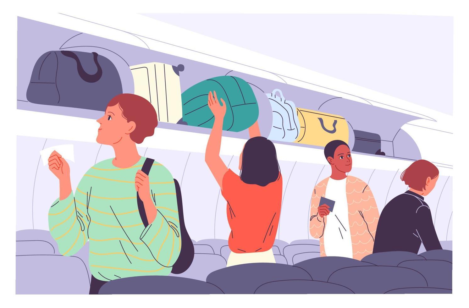 los pasajeros colocan su equipaje de mano en los estantes superiores del avión vector