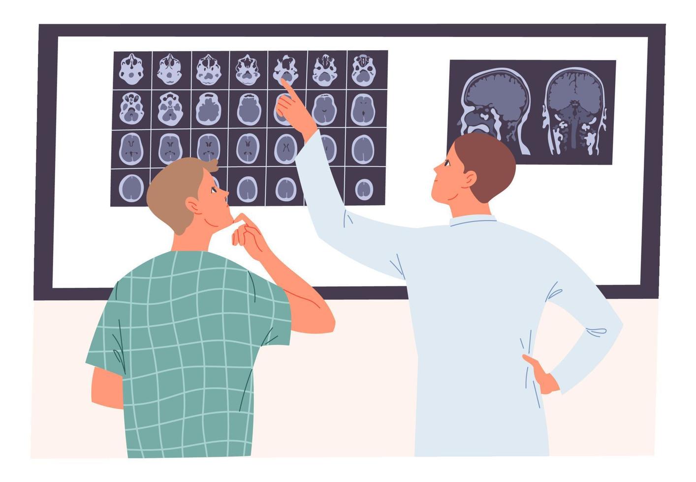 médico y paciente mirando una resonancia magnética del cerebro. vector