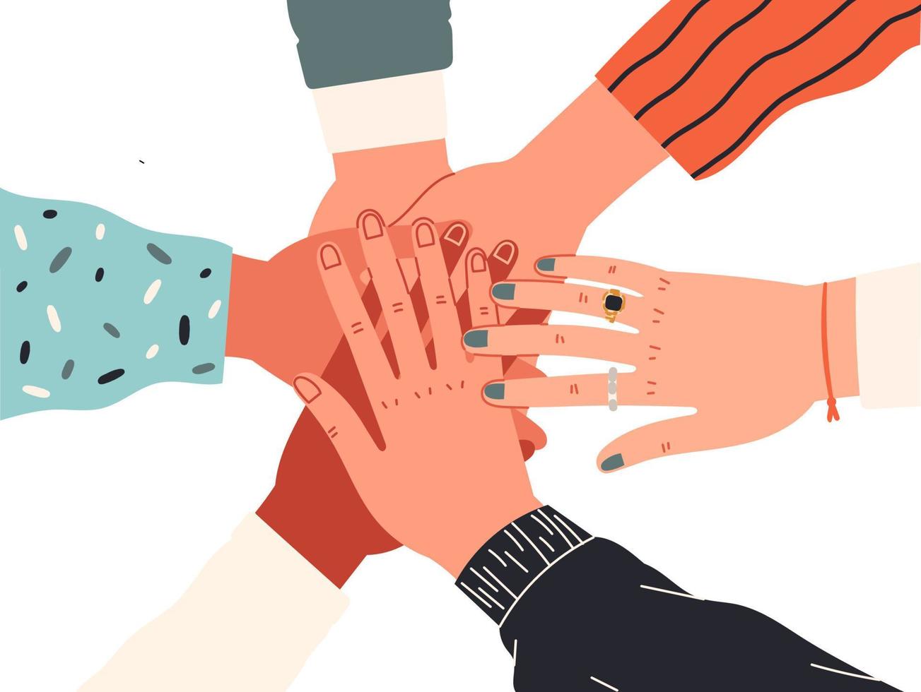 People put their hands together as a group united by common values. vector